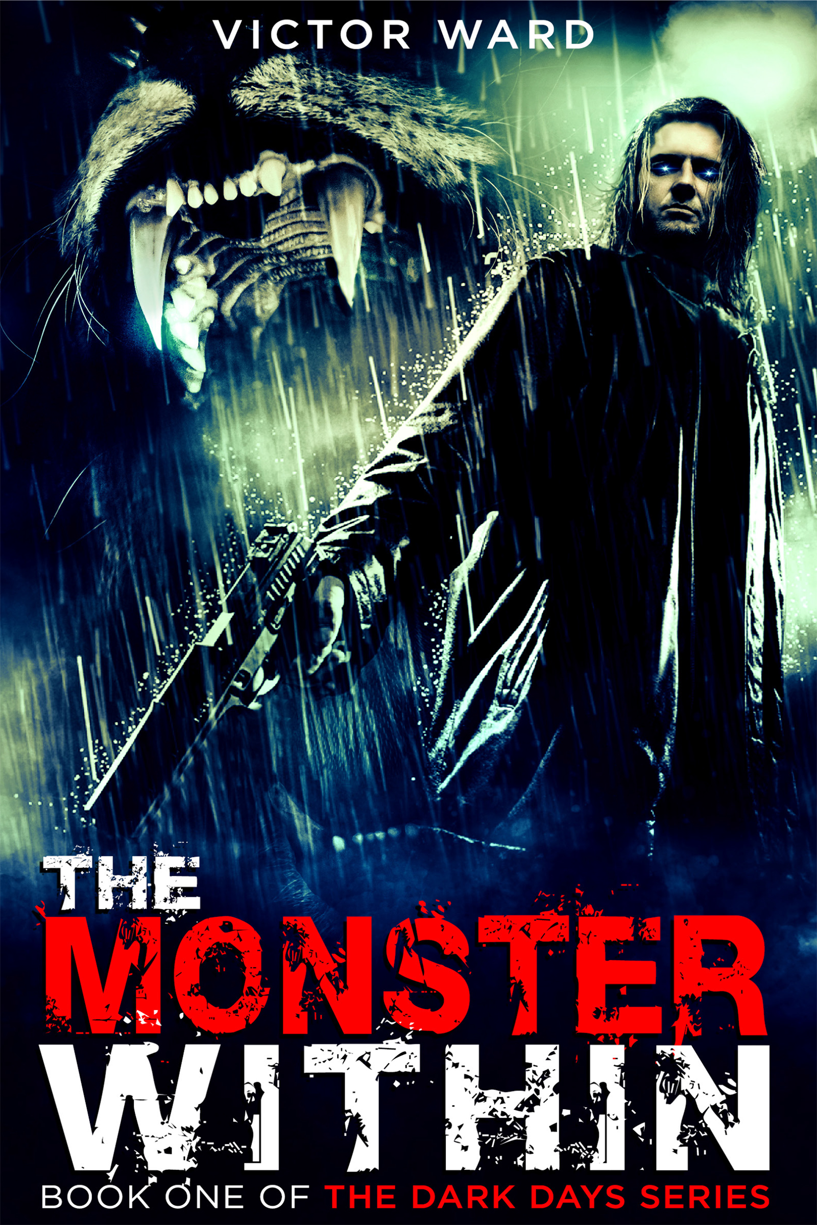 Cover art for Dark Days: The Monster Within: a man in a dark coat on a rainy city street, his shadow blending into a horned monster roaring beneath a glowing rift in the sky