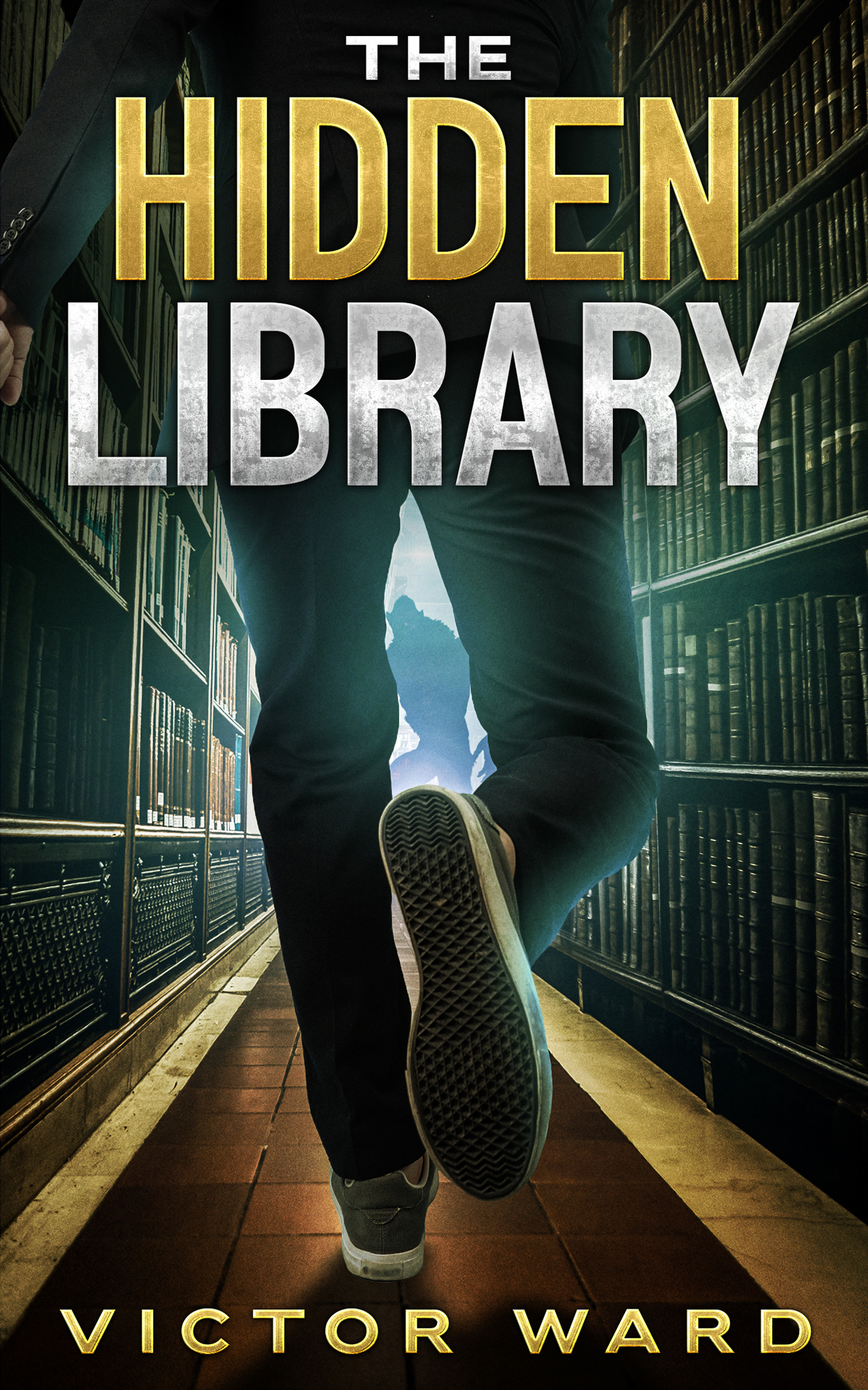 Cover art for The Hidden Library: a hooded runner sprinting through a secret underground library lit by glowing glyphs, a shadowed figure lurking in the background